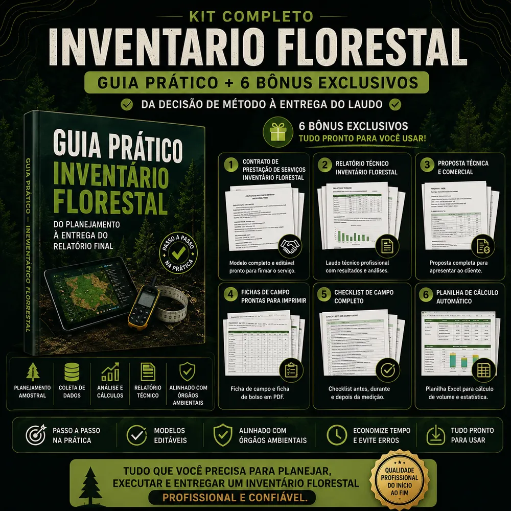 Resumo do Kit Completo Inventário Florestal: o Guia Prático e os seis bônus, com contrato, relatório técnico, proposta comercial, fichas de campo, checklist e planilha de cálculo